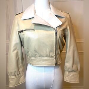 LAMARQUE Leather Cropped Moto Jacket NWT Size XS Cream Beige